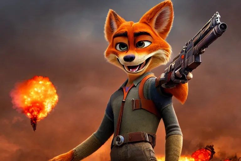 Image similar to nick wilde ( from zootopia ), heavily armed and armored facing down armageddon in a dark and gritty reboot from the makers of mad max : fury road