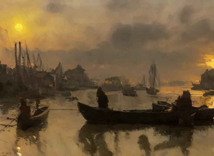 Prompt: oil painting of fishing village in dawn by anders zorn, wonderful art by greg rutkowski, incredible lighting, shadows, beautiful cinematic light