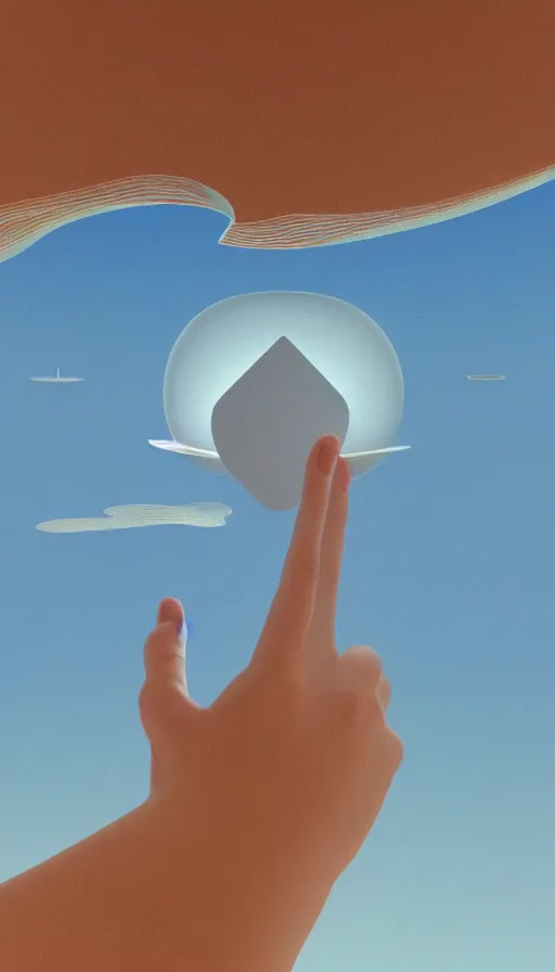 Image similar to a first-person view within a floating 3D VR hand interfac by Jony Ive, Moebius, Roger Dean, intricate artwork by Caravaggio and James Turrell, 8K, sunrise atmospheric phenomena in translucent colloid neuomorphic interface