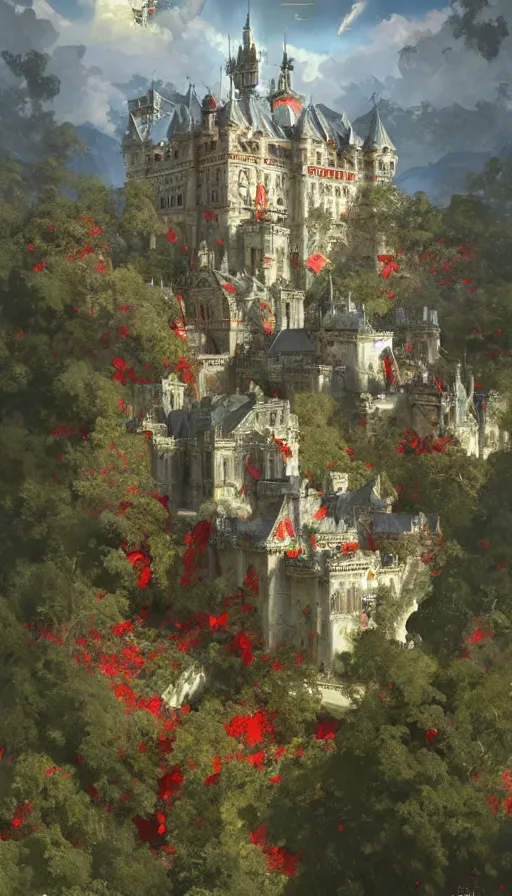 Image similar to castle seen from the sky being attacked by huge red army, cyberpunk, design on white background, beautiful details, lush foliage, drawn by john singer sargent, tom bagshaw, norman rockwell, alphonso mucha, lolish, trending on artstation