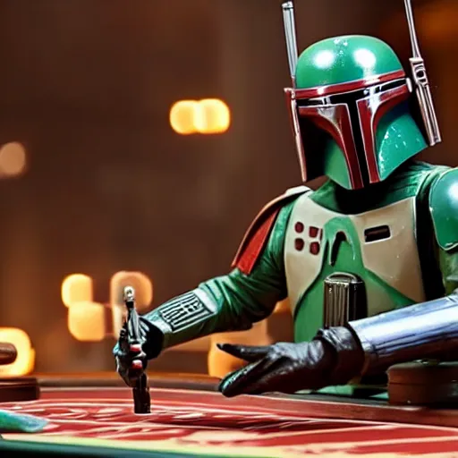 Image similar to photo of Boba fett playing roulette, high quality, cinematic, 4k, strong bokeh