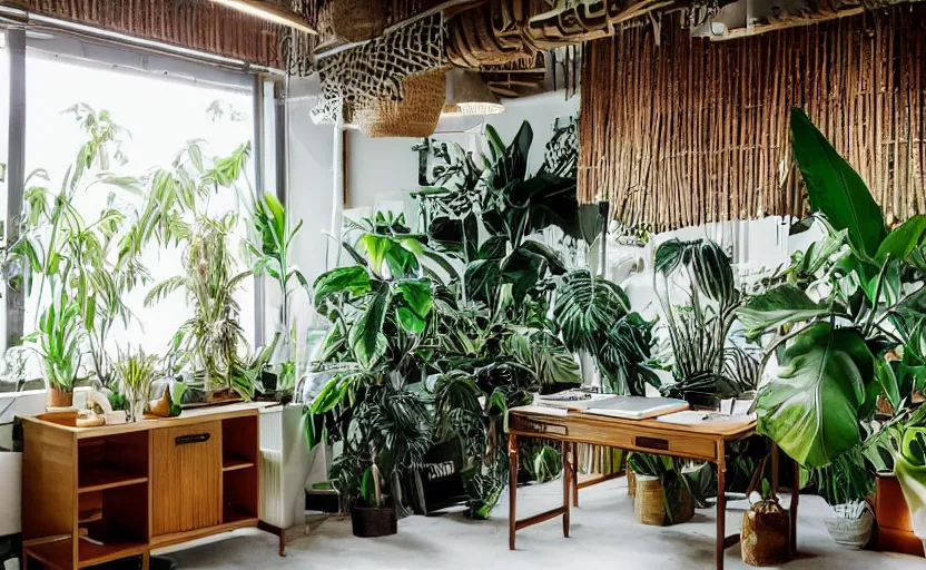 Prompt: tropical themed office interior, maximalist, multiple desks, bamboo wood, cupboards, tropical plants, natural materials, earth colors, bohemian, swedish design, carpets, large windows with a view of a lush park, bright, white