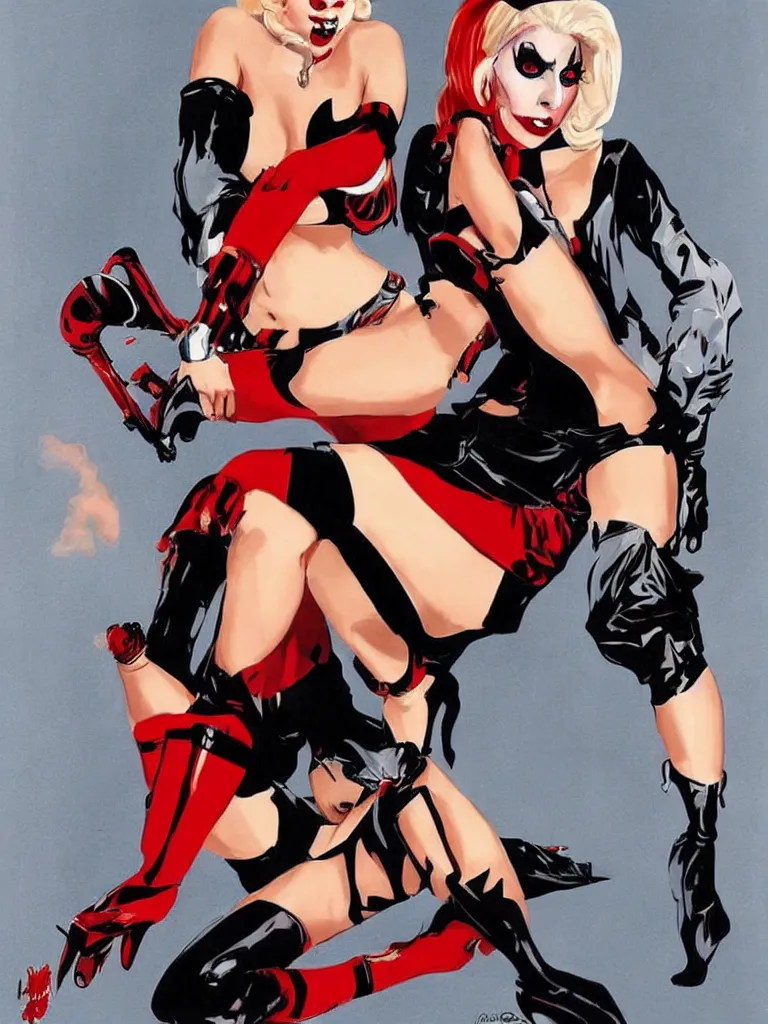 Image similar to a beautiful pinup art of lady gaga as harley quinn, single full body portrait poster, by robert mcginnis