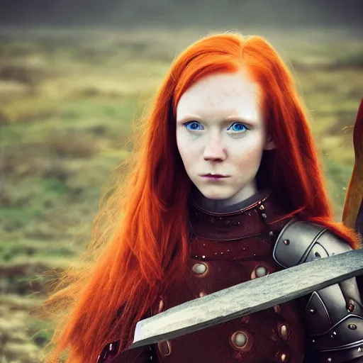 Image similar to north girl, adult, warrior, red hair, ginger hair, fantasy, high detailed, photography, cloudy, lightweight armor, Scandinavia, plain, Authentic, detailed face, cute face, spear in hand