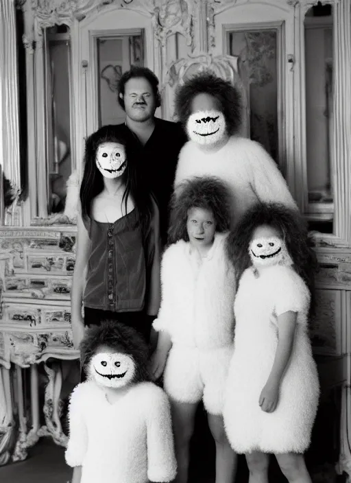 Image similar to realistic photo of the family wearing fluffy hairy masks, white fluffy cotton shorts, polished and fancy, standing in the wooden room full of wooden furniture 1 9 9 0, life magazine reportage photo