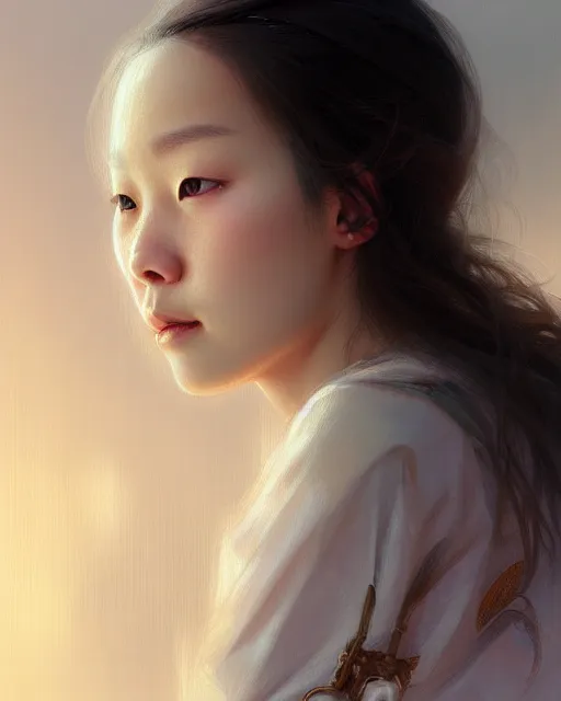 Image similar to Close-up portrait of half-korean, half-nordic girl, portrait, highly detailed, digital painting, artstation, concept art, sharp focus, illustration, art by artgerm and greg rutkowski and alphonse mucha