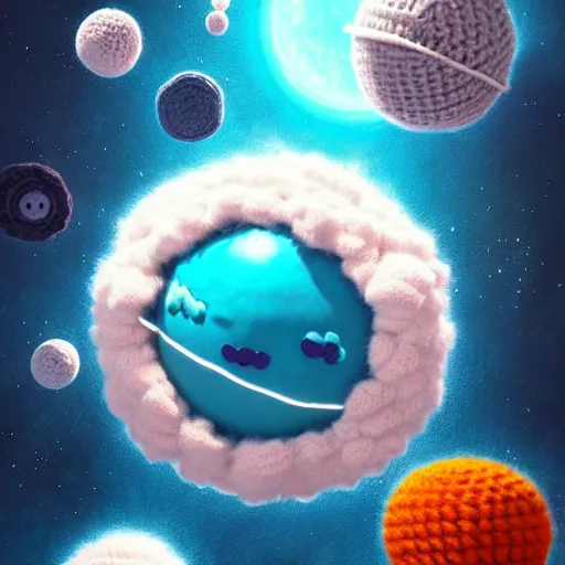 Image similar to an expedition of crochet astronauts discovering a new fluffy planet made out of yarn. cute, illustration, digital art, inspired by little big planet, by greg rutkowski, detailed, sharp, masterpiece, highly detailed, photorealistic, octane render, 8 k, unreal engine 5, trending on artstation