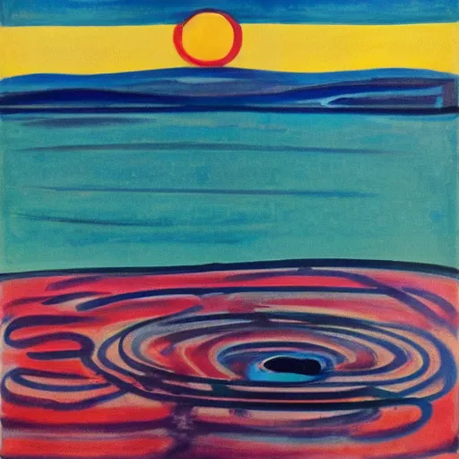 Image similar to sun shining through clouds, Edvard Munch, David Hockney, Takashi Murakami, Minimalist,
