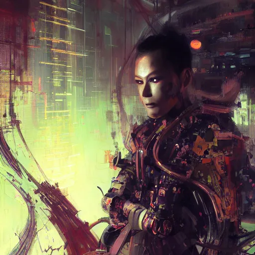 Prompt: highly detailed portrait of a cyber ninja in a futuristic buddhist temple by wadim kashin, dark colors, high contrast