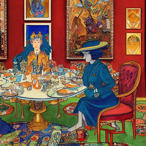 Image similar to detailed Ivan Bilibin and Edmund Dulac and James Jean inspired painting of mech robots having tea with the queen of England in 1953.