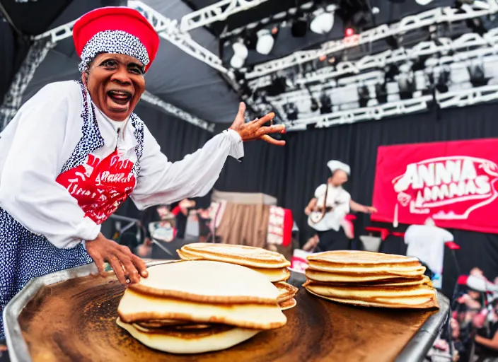 Image similar to photo still of aunt jemima in period attire at vans warped tour!!!!!!!! at age 4 0 years old 4 0 years of age!!!!!!! on stage throwing pancakes to the crowd, 8 k, 8 5 mm f 1. 8, studio lighting, rim light, right side key light