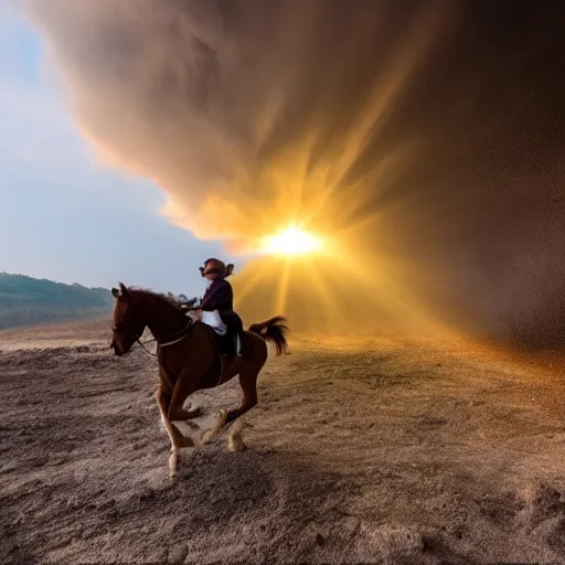 Image similar to horse jumping in heavy pyroclastic flow with dense fog and sun rays. wide angle lens. 4 k