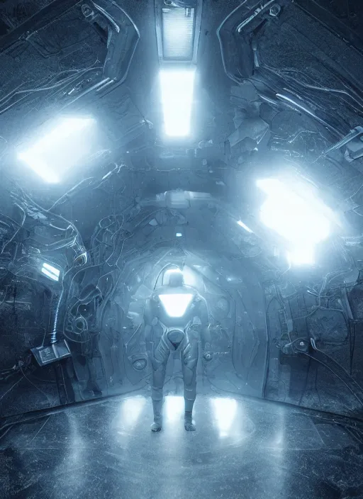 Image similar to symmetry concept art by craig mullins astronauts swim in futuristic dark and empty spaceship underwater. infrared glowing lights. complex and hyperdetailed technical suit. reflection and dispersion materials. rays and dispersion of light. volumetric light. 5 0 mm, f / 3 2. noise film photo. flash photography. unreal engine 4, octane render. interstellar movie art