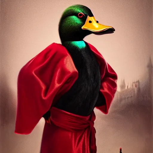 Image similar to portrait of cute mallard duck, wearing cultist red robe, inside a castle, black feathers, glowing arcane eyes, very detailed black feathers, ultra detailed, expressive oil painting digital art, 8 k, octane render, trending on art station, epic castle scene