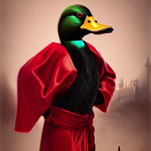 Prompt: portrait of cute mallard duck, wearing cultist red robe, inside a castle, black feathers, glowing arcane eyes, very detailed black feathers, ultra detailed, expressive oil painting digital art, 8 k, octane render, trending on art station, epic castle scene