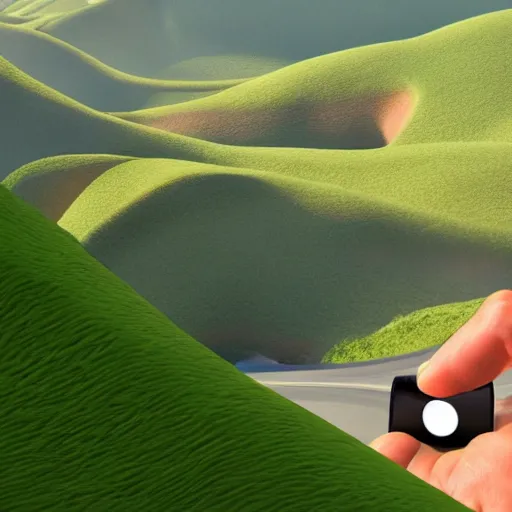 Image similar to microsoft's clippy, in front of a green hill, cinematic shot, hyper realistic, hyper detailed, 4k