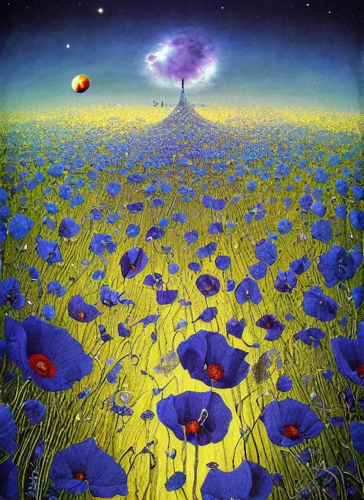 Image similar to detailed, intricate blue black and purple papaverum flower on the field, nebula, galaxy in the sky, winning award masterpiece, fantastically beautiful, illustration, aestheticly inspired, jacek yerka, upscale with anguissola sofonisba work, artstation, 8 k