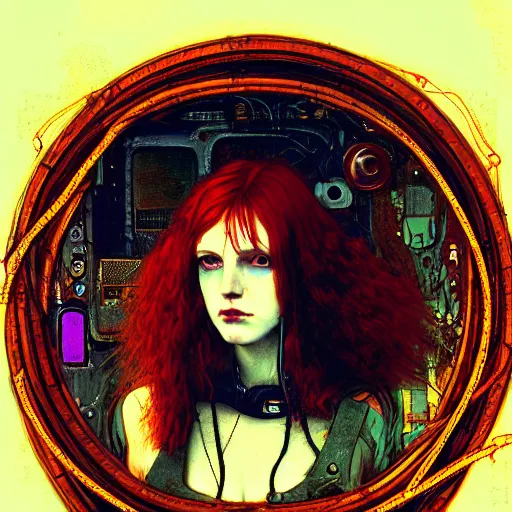 Image similar to redhead female cyberpunk, wires cables skulls, machines, neuropunk trashcore, in the style of john william waterhouse, kilian eng, rosetti, john everett millais, william holman hunt, 4 k photo autochrome