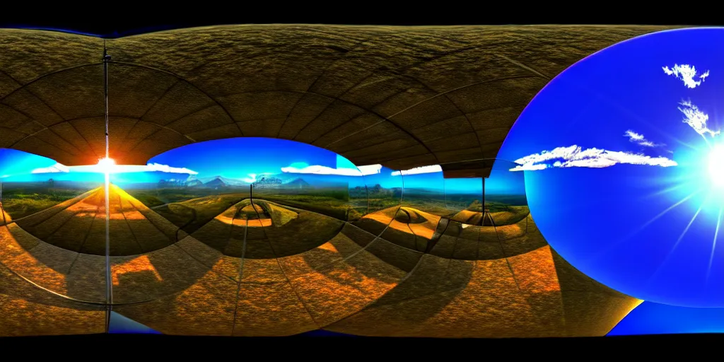 Image similar to omnidirectional equirectangular panorama landscape, trending on artstation, cinematic composition, beautiful lighting, hyper detailed, 8 k, oil on canvas