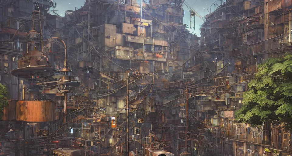 Image similar to a industrial STEAMPUNK CITY Street scenery in the FAVELAS, signs, billboards and cable Connecting MULTI LVL BUILDINGS, rendered by simon stålenhag, rendered by Beeple, Makoto Shinkai, syd meade, environment concept, digital art, starwars, Gundam Style, unreal engine, 3 point perspective, WLOP, trending on artstation, low level, 4K UHD image, octane render,