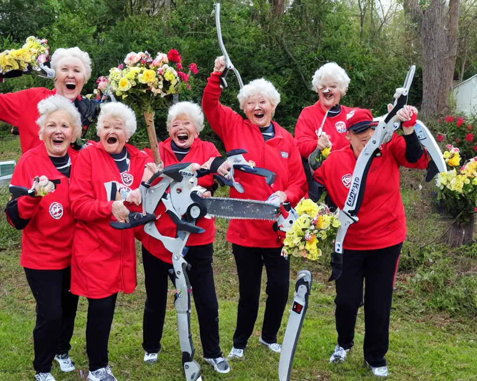 Prompt: a gang of old ladies waving chainsaws and flowers, and wearing Umbro track suits laughing maniacally and screaming