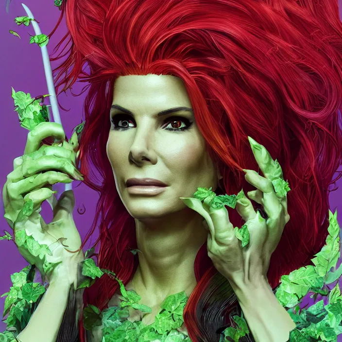 Image similar to portrait of Sandra Bullock as a Poison Ivy in Batman & Robin 1997. intricate artwork. by Tooth Wu, wlop, beeple, dan mumford. octane render, trending on artstation, greg rutkowski very coherent symmetrical artwork. cinematic, hyper realism, high detail, octane render, 8k