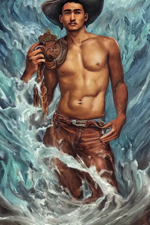 Prompt: a dramatic, epic, ethereal (tarot) painting of a handsome! brown shirtless cowboy | background is a torrential flooding river | tarot card, art deco, art nouveau | by Mark Maggiori | trending on artstation