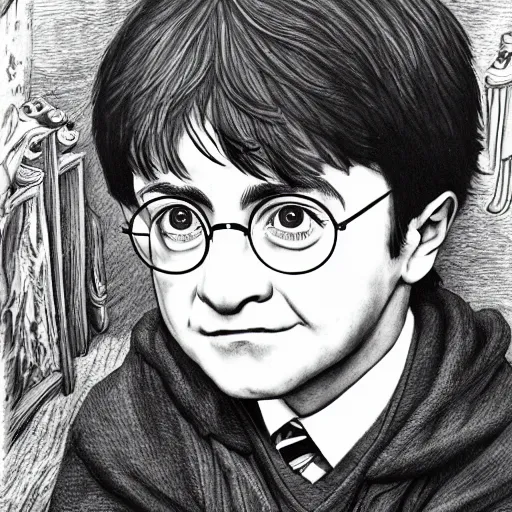 Prompt: a close up portrait of harry potter as a child, art station, highly detailed, concept art, sharp focus, illustration in pen and ink, wide angle, by Kentaro Miura