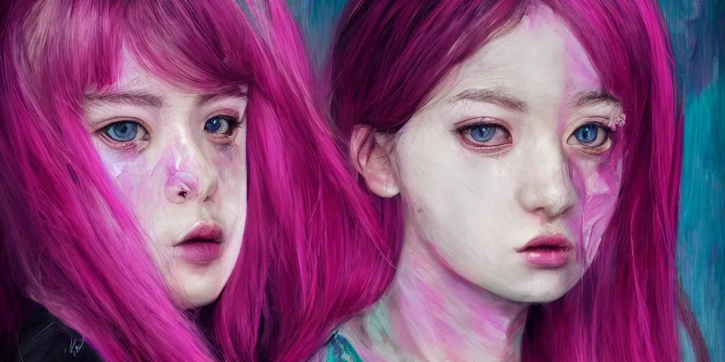 Prompt: A portrait of a girl, white skin, turquaz eyes puppil, symetrical face structure, Wlop painting style, Long magenta haire, Ross Draws, Peter Xiao, photography, 4k,