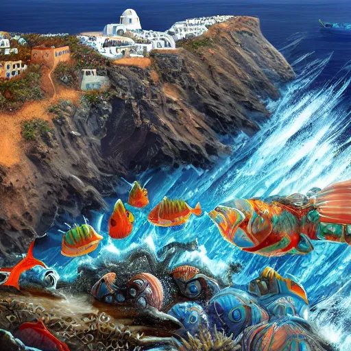 Prompt: Santorini Greece attacked by sea creatures, highly detailed artstation,