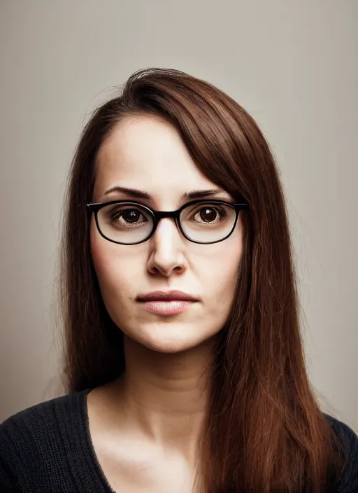 Prompt: portrait of a 2 5 year old woman, symmetrical face, dark wavey hair, round glasses, she has the beautiful calm face of her mother, slightly smiling, ambient light