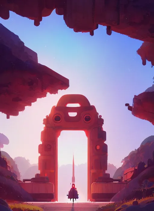 Image similar to warm canyon with giant gate entrance, nuclear powered, detailed, futuristic, cory loftis, james gilleard, atey ghailan, makoto shinkai, goro fujita, studio ghibli, rim light, exquisite lighting, clear focus, very coherent, plain background