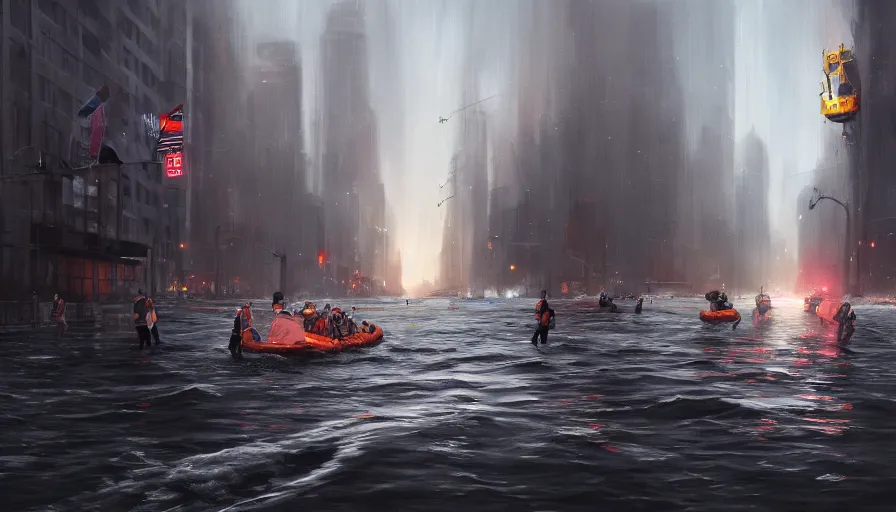 Image similar to lifeboat rescuing people while crossing new york streets after tsunami at night, hyperdetailed, artstation, cgsociety, 8 k