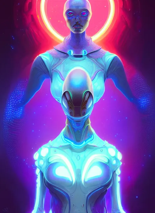 Prompt: a machine alien faceless glowing liquefied stardust adventurer, dnd fantasy character, full body portrait, glowing neon skin, magical aura, ultra realistic, intricate, elegant, highly detailed, digital painting, artstation, smooth, sharp, focus, illustration, art by artgerm and greg rutkowski and alphonse mucha and dan mumford, sacred geometry