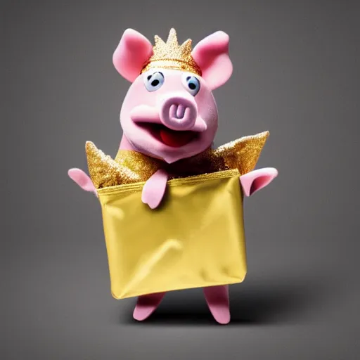 Image similar to pig wearing a gold crown as a Muppet holding an arm full of different snack bags 8k