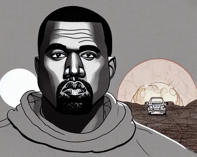 Image similar to a study of cell shaded cartoon of kanye west on a desert road, in front of a big moon illustration, wide shot, muted colors, post grunge, concept art by josan gonzales and wlop, david rubin, mike mignola, laurie greasley, highly detailed, sharp focus, trending on artstation, hq, deviantart, art by artgem