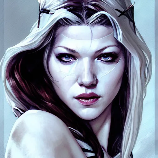 Prompt: beautiful Katheryn Winnick as Spider-Gwen, western, closeup, D&D, fantasy, intricate, elegant, highly detailed, digital painting, artstation, concept art, matte, sharp focus, illustration, art by Artgerm and Greg Rutkowski and Alphonse Mucha