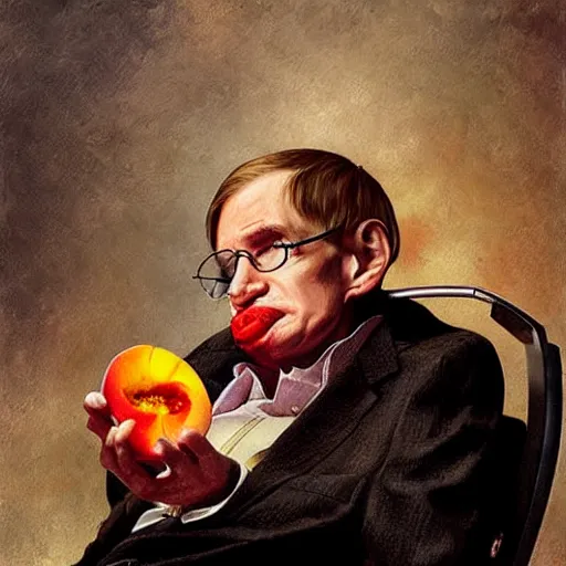 Image similar to stephen hawking eating a peach delicious food art greg rutkowski james gurney