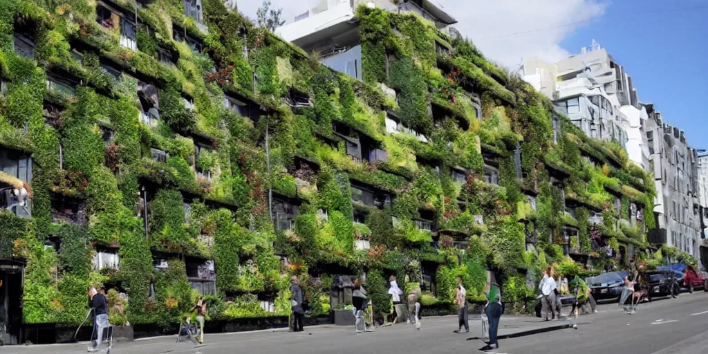 Image similar to a new zealand city street where every building is covered in living walls made of nz native plants