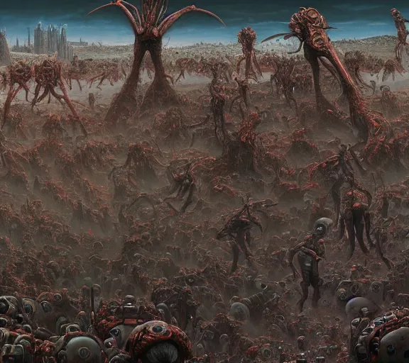 Image similar to biomechanical landscape and crowd of people walking towards giant machine by wayne barlowe