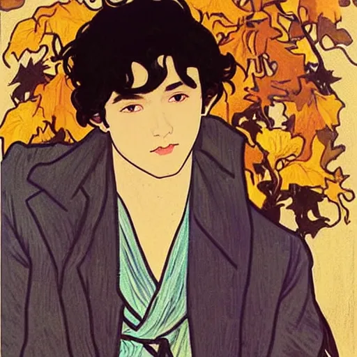 Image similar to painting of young cute handsome beautiful dark medium wavy hair man in his 2 0 s named shadow taehyung and cute handsome beautiful min - jun together at the halloween! party, bubbling cauldron!, candles!, smoke, autumn! colors, elegant, wearing suits!, clothes!, delicate facial features, art by alphonse mucha, vincent van gogh, egon schiele