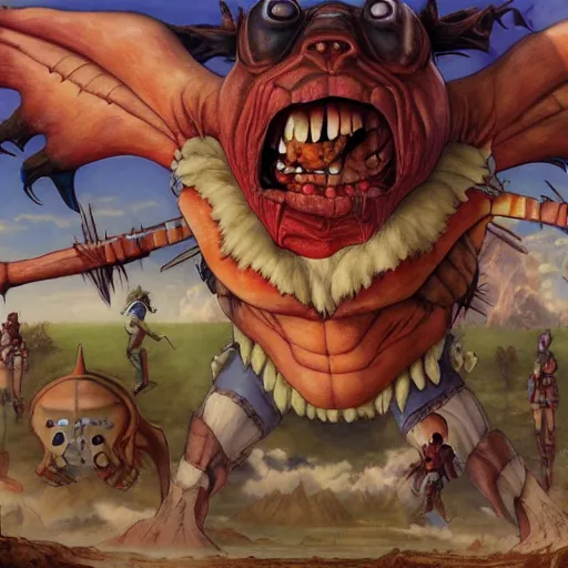 Prompt: detailed wide shot of stitch from lilo and stitch as a titan from attack on titan anime intricate in a field running, hyper detailed, realistic, oil painting, by julie bell, frank frazetta, cinematic lighting