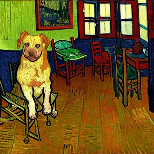 Prompt: A Van Gogh painting of a dog sitting in a chair inside a room that is on fire, this is fine