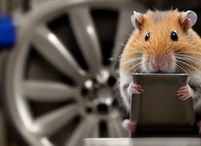 Image similar to film still of a hamster working as a mechanic in an auto shop, 8 k