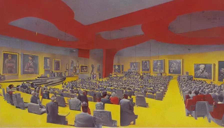 Image similar to 60s movie still of a sovietic stalinist style empty art museum with a soviet congress with yellow wall, technicolor, liminal Space style, heavy grain