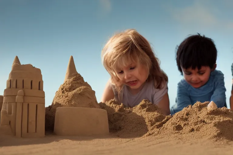 Image similar to two kittens and two children touching a sand castle