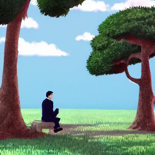 Prompt: president gabriel boric sitting at a tree made by studio ghibli, detail, high quality, detailed, beautiful scene, smooth, high quality lights