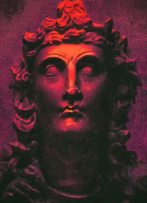 Image similar to elegant dark design poster showing a large greco roman statue of dionysus, black background with very subtle red and purple design elements, bold, powerful, nekro, vito acconci, thin straight purple lines, dark, glitch art, neo vaporwave, gritty, layout frame, square, trending on artstation