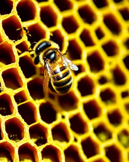 Prompt: bees on honeycomb close up bees nest, cinematic epic award winning photography of the honeybee on nest