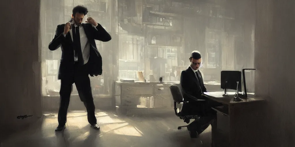 Prompt: a man wearing a black suit working in his office by greg rutkowski